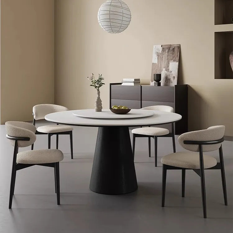 無垢材ラウンドテーブル 回転式 モダンミニマル セラミック天板 マットホワイト イタリアンデザイン hjj-3664