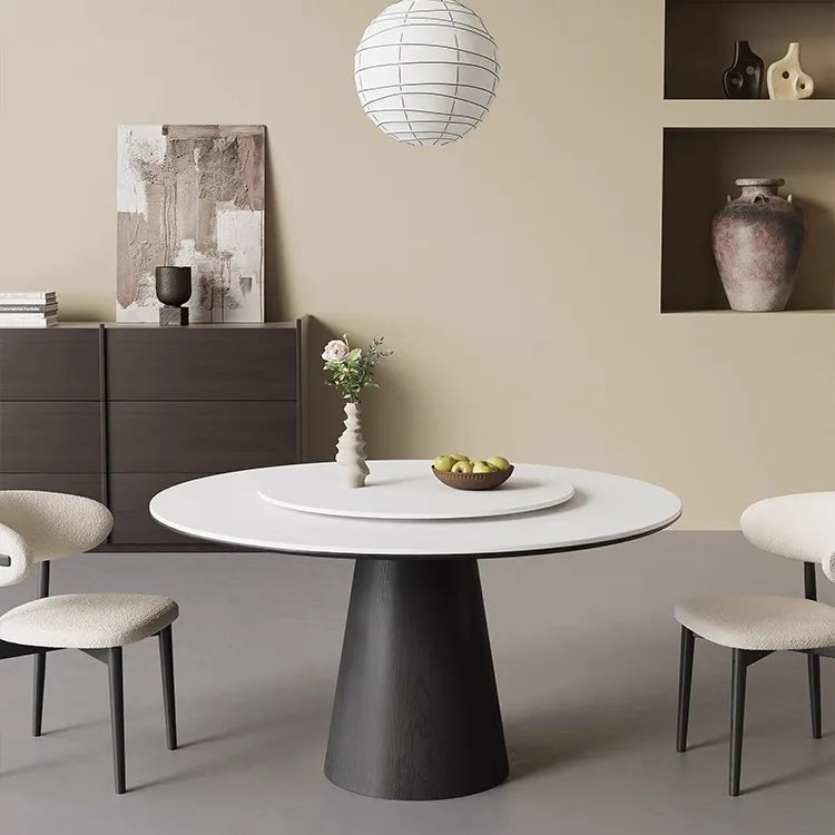 無垢材ラウンドテーブル 回転式 モダンミニマル セラミック天板 マットホワイト イタリアンデザイン hjj-3664