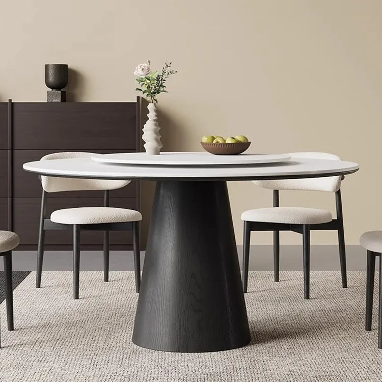 無垢材ラウンドテーブル 回転式 モダンミニマル セラミック天板 マットホワイト イタリアンデザイン hjj-3664