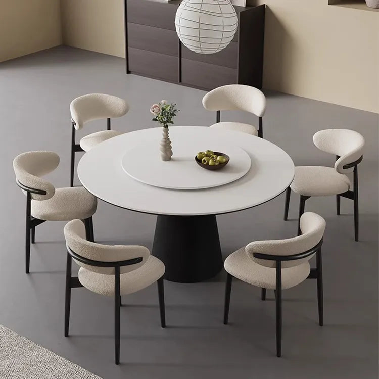 無垢材ラウンドテーブル 回転式 モダンミニマル セラミック天板 マットホワイト イタリアンデザイン hjj-3664