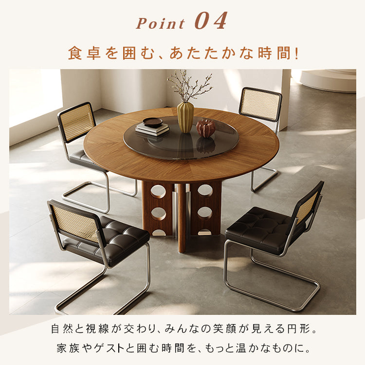 実木ダイニングテーブルガラス回転盤付きステンレス脚リンク構造イタリアンモダンスタイル hjj-3668