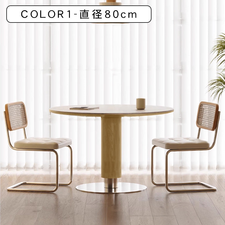 ナチュラル原木調 洞石風セラミック天板 円形ダイニングテーブル 小戸建て向け hjj-3671