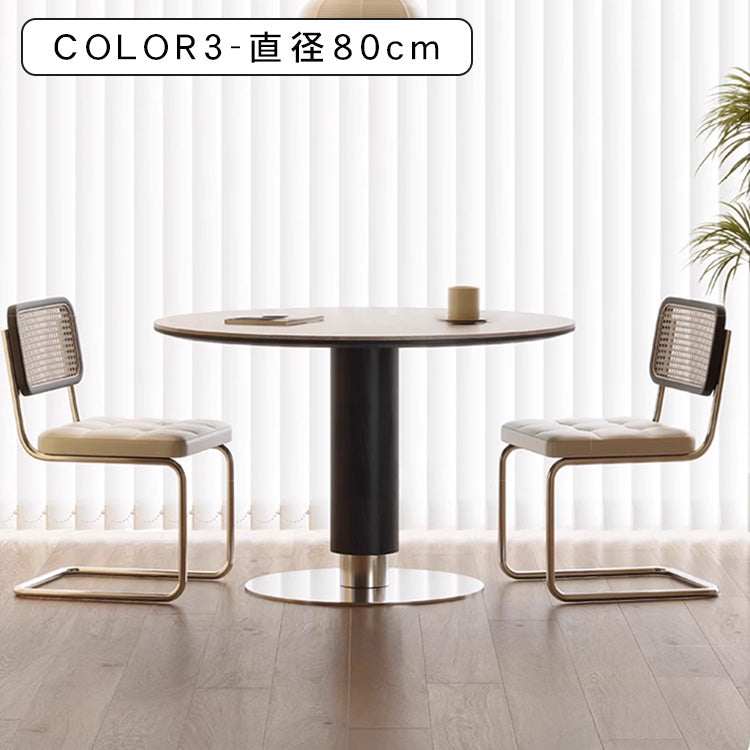 ナチュラル原木調 洞石風セラミック天板 円形ダイニングテーブル 小戸建て向け hjj-3671