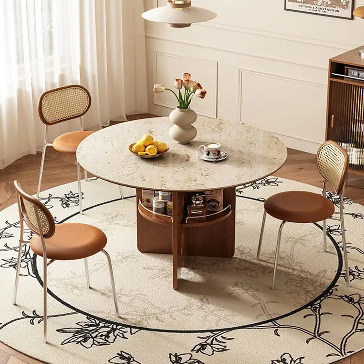 黄楊木調 中古風 円形セラミック天板 ダイニングテーブル ステンレス脚 リビング向け hjj-3672