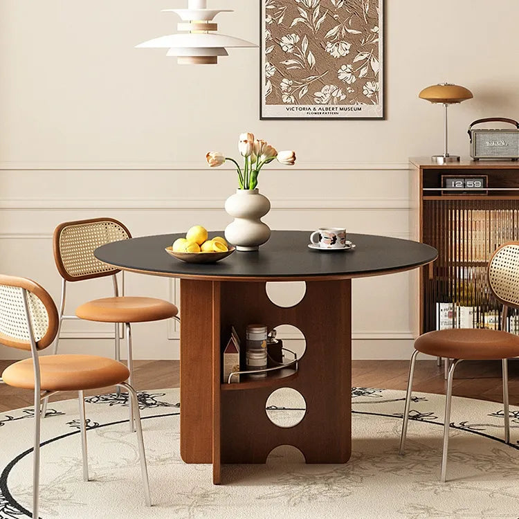 黄楊木調 中古風 円形セラミック天板 ダイニングテーブル ステンレス脚 リビング向け hjj-3672