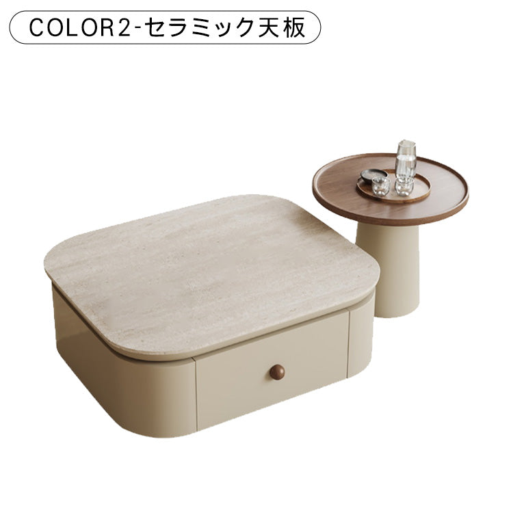 クリーム風スクエアコーヒーテーブルセット リビング用 洞石調セラミック天板 モダンシンプルデザイン hjl-5664