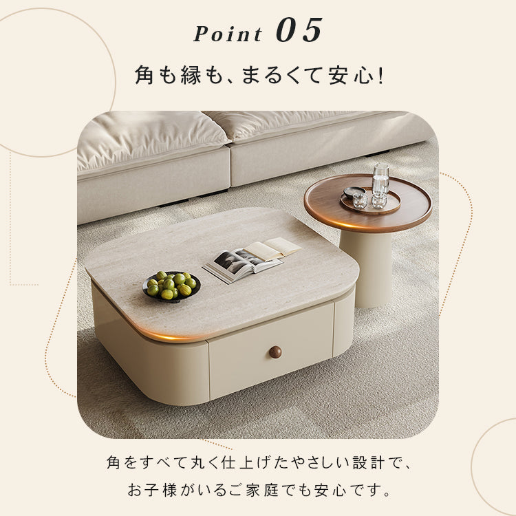 クリーム風スクエアコーヒーテーブルセット リビング用 洞石調セラミック天板 モダンシンプルデザイン hjl-5664