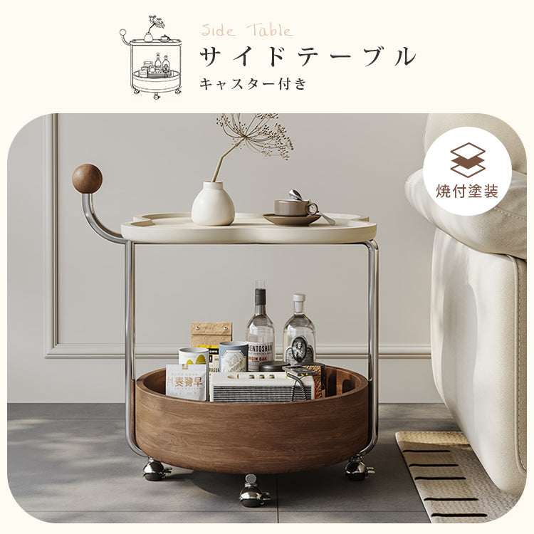 高級感ある移動式無垢材サイドテーブル コンパクトワゴンタイプ リビング用 hjl-5680