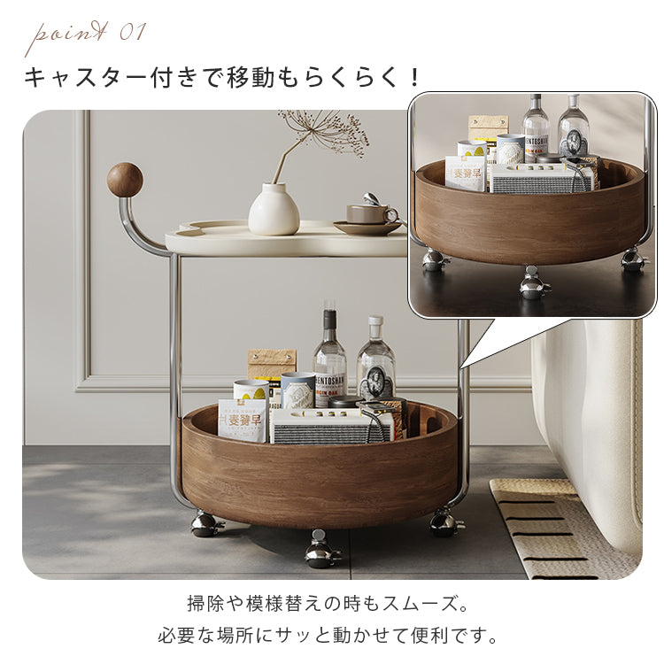 高級感ある移動式無垢材サイドテーブル コンパクトワゴンタイプ リビング用 hjl-5680