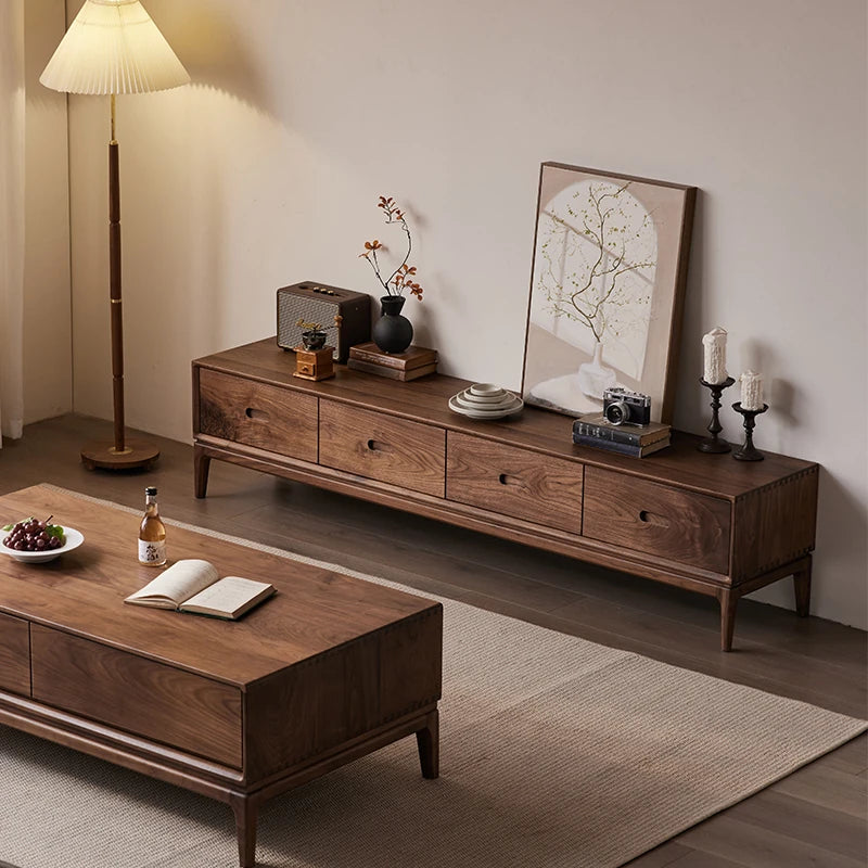ウォールナットテレビ台 - モダンデザインの収納付きリビング家具、北米産ブラックウォールナット製 hjy-5011