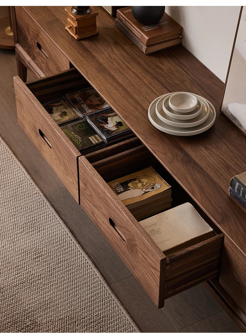 ウォールナットテレビ台 - モダンデザインの収納付きリビング家具、北米産ブラックウォールナット製 hjy-5011