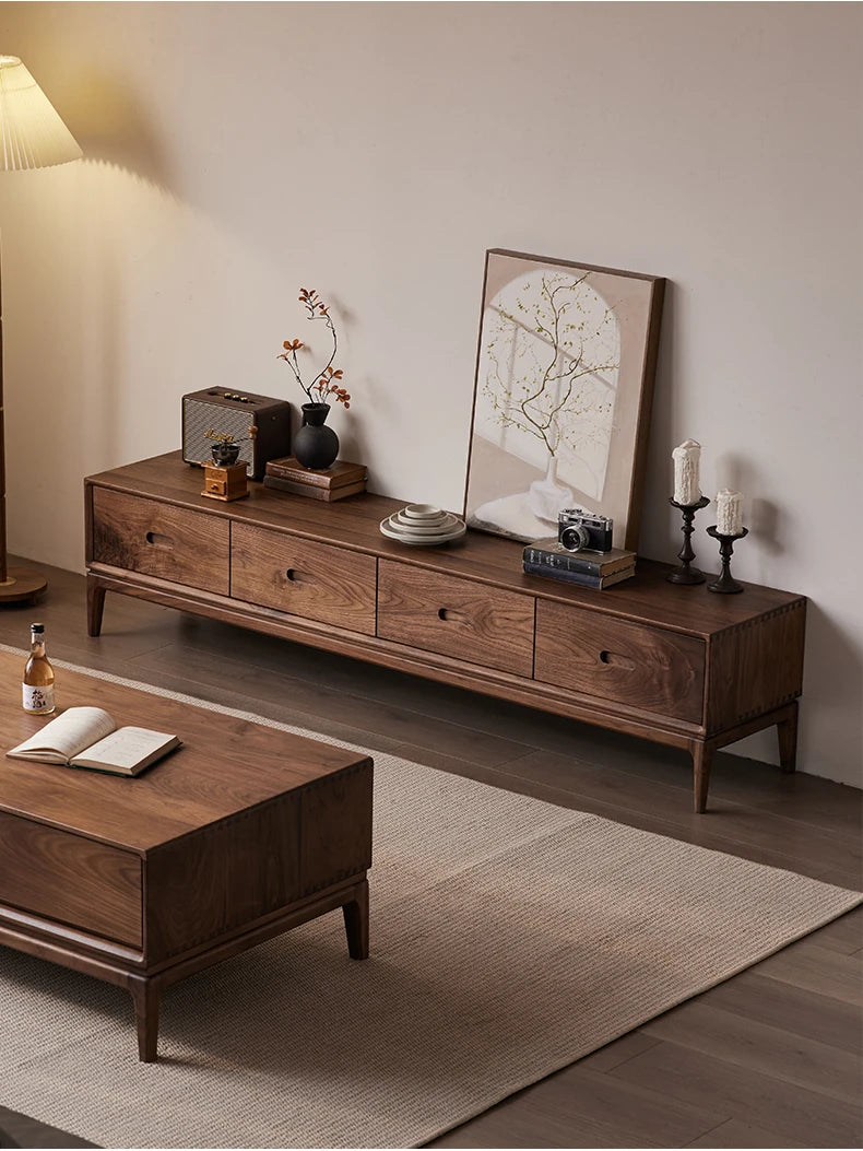 ウォールナットテレビ台 - モダンデザインの収納付きリビング家具、北米産ブラックウォールナット製 hjy-5011