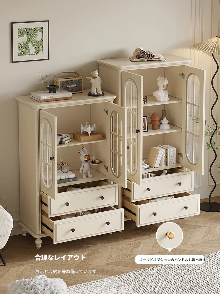 チェリー材とパイン使用!エレガントガラス仕切りキャビネット - シンプルモダンテイストで収納もバッチリ! hl-4889