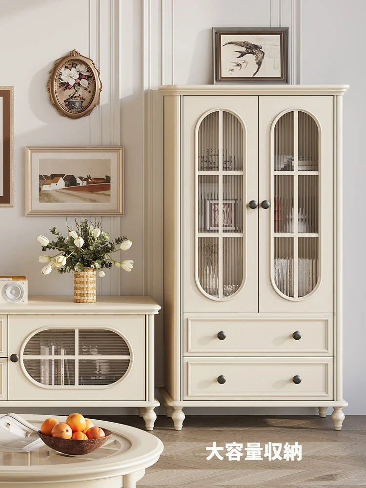 チェリー材とパイン使用!エレガントガラス仕切りキャビネット - シンプルモダンテイストで収納もバッチリ! hl-4889