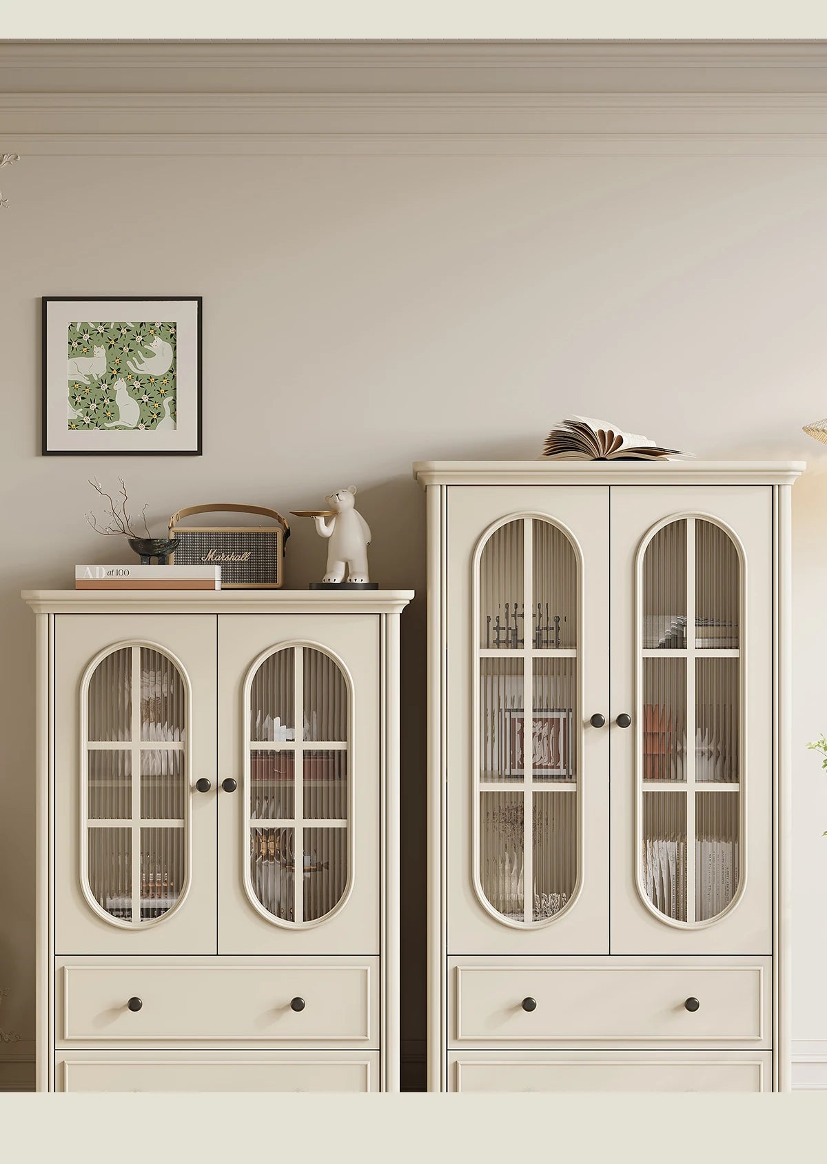 チェリー材とパイン使用!エレガントガラス仕切りキャビネット - シンプルモダンテイストで収納もバッチリ! hl-4889