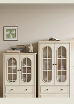 チェリー材とパイン使用!エレガントガラス仕切りキャビネット - シンプルモダンテイストで収納もバッチリ! hl-4889