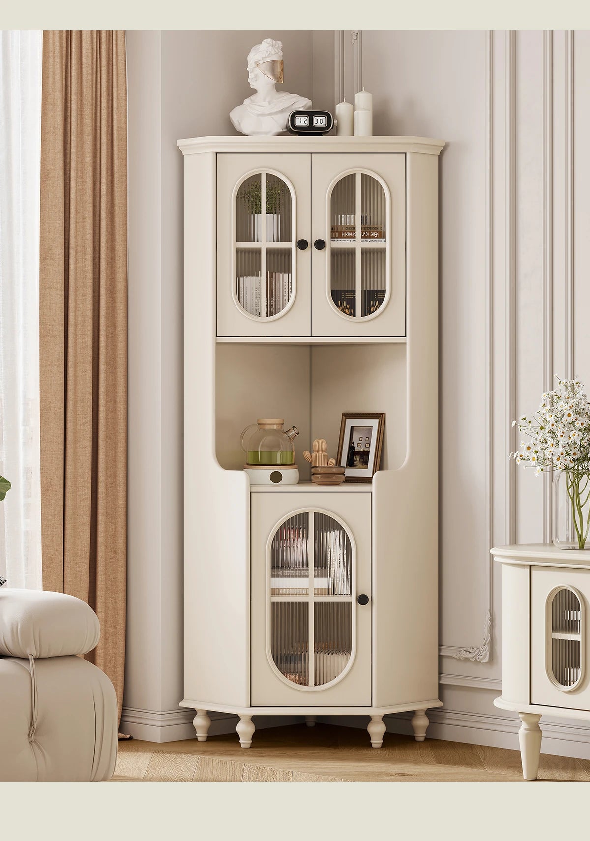 チェリー材とパインの美しいキャビネット|ガラス扉付き収納家具|スタイリッシュなリビングルームデザイン hl-4904