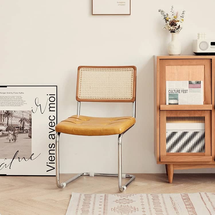 チェリー材&ラタンの高級チェア - スタイリッシュステンレス&PUレザー仕様 hldmz-721