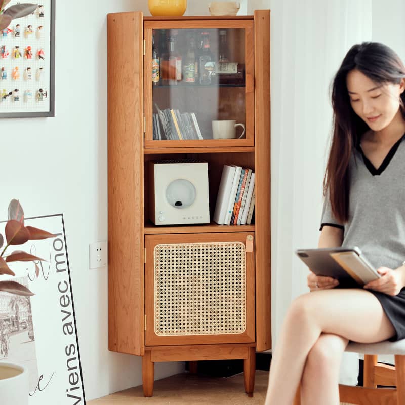 チェリー材&ラタン&ガラス製キャビネット┃高級感あふれる収納家具 hldmz-732