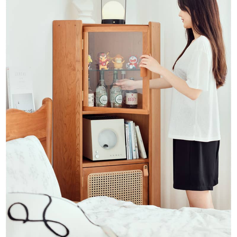 チェリー材&ラタン&ガラス製キャビネット┃高級感あふれる収納家具 hldmz-732