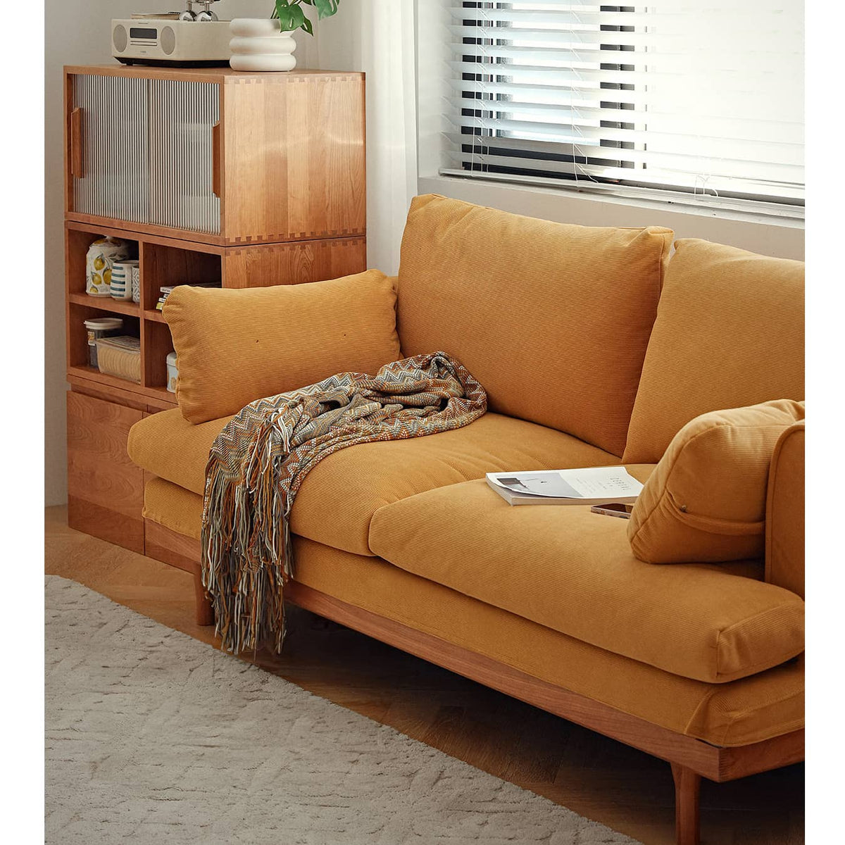 【高級チェリー材使用】エアレザーソファー – ホワイトグースダウン&PPコットン&コーデュロイで究極の快適さ提供 hldmz-733