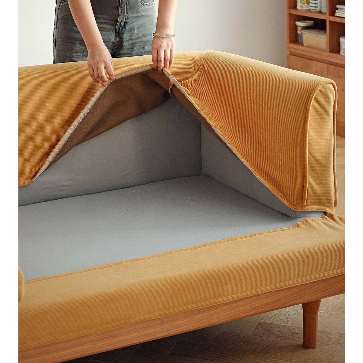 【高級チェリー材使用】エアレザーソファー – ホワイトグースダウン&PPコットン&コーデュロイで究極の快適さ提供 hldmz-733