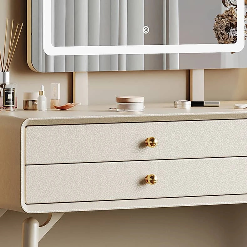 シンプルデザインの高級天然木製ドレッサーセット - イミテーションレザー&ガラス付き hmq-1928