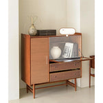 アッシュ材とステンレスのモダンキャビネット|ガラス扉付き|収納力抜群のスタイリッシュデザイン hmr-4779