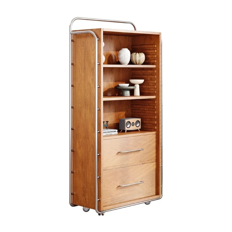 アッシュ材とガラスのスタイリッシュキャビネット - モダンなステンレスフレーム付き収納家具 hmr-4800