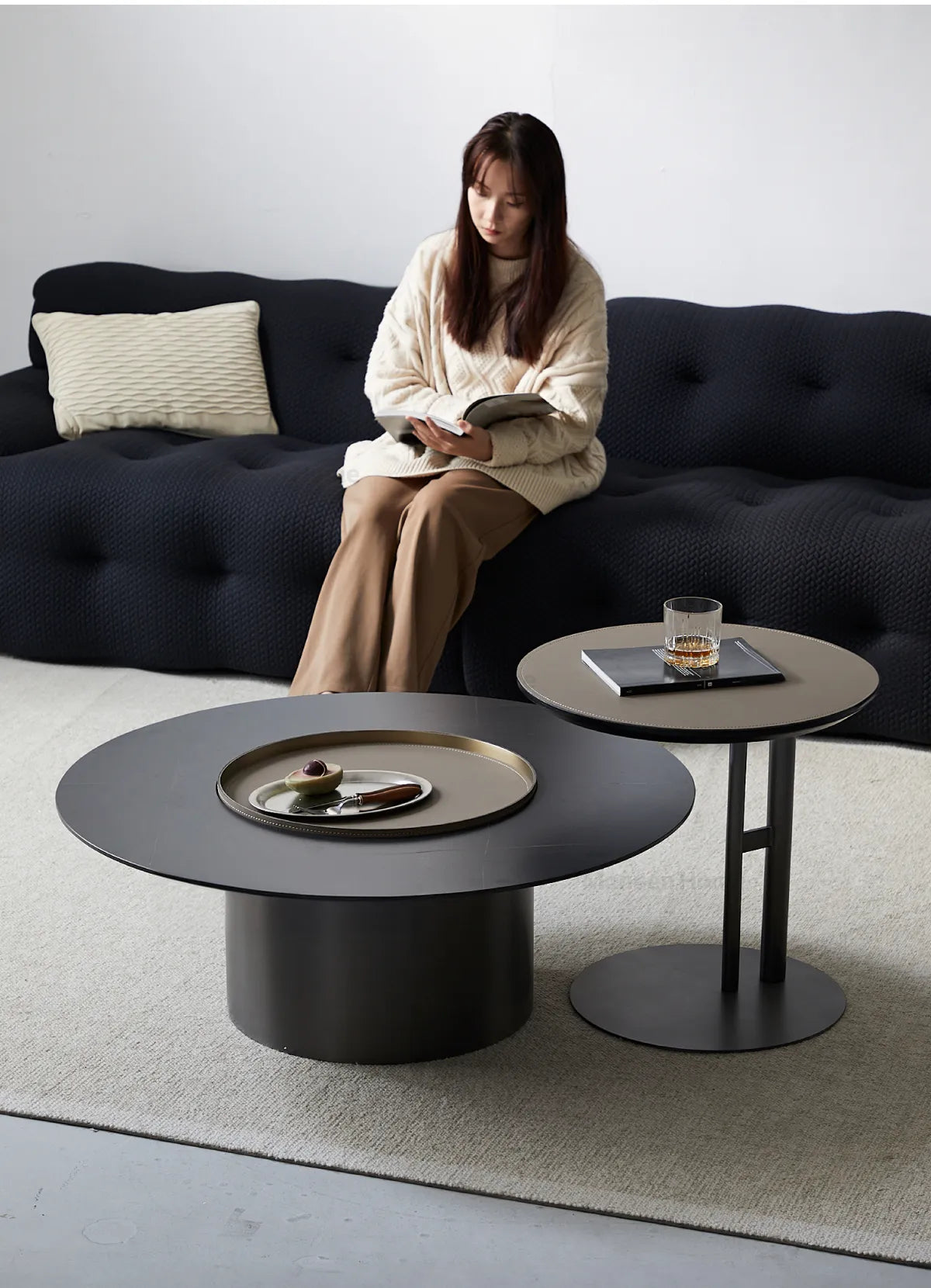 高級感あふれるモダンセンターテーブル|セラミック&合成皮革×ステンレスデザイン hms-4051