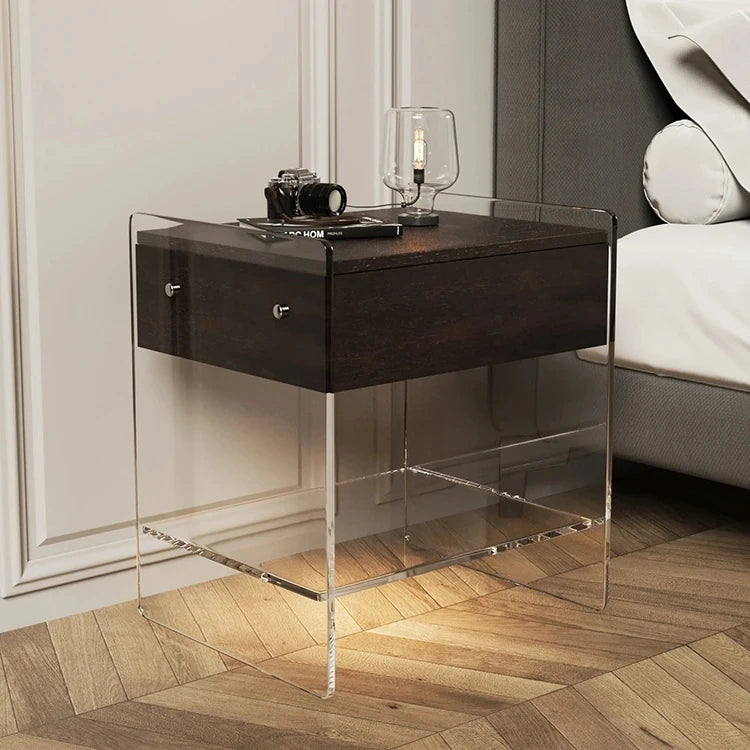 アクリル脚付き無垢木ナイトテーブル - モダンデザインで寝室をスタイリッシュに演出! hmsf-4676