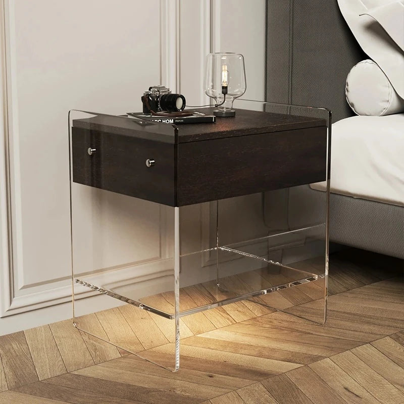 アクリル脚付き無垢木ナイトテーブル - モダンデザインで寝室をスタイリッシュに演出! hmsf-4676