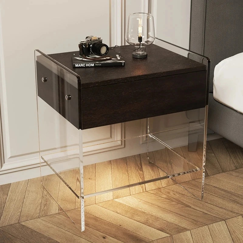 アクリル脚付き無垢木ナイトテーブル - モダンデザインで寝室をスタイリッシュに演出! hmsf-4676