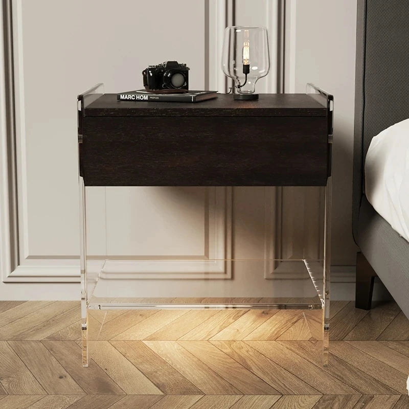 アクリル脚付き無垢木ナイトテーブル - モダンデザインで寝室をスタイリッシュに演出! hmsf-4676