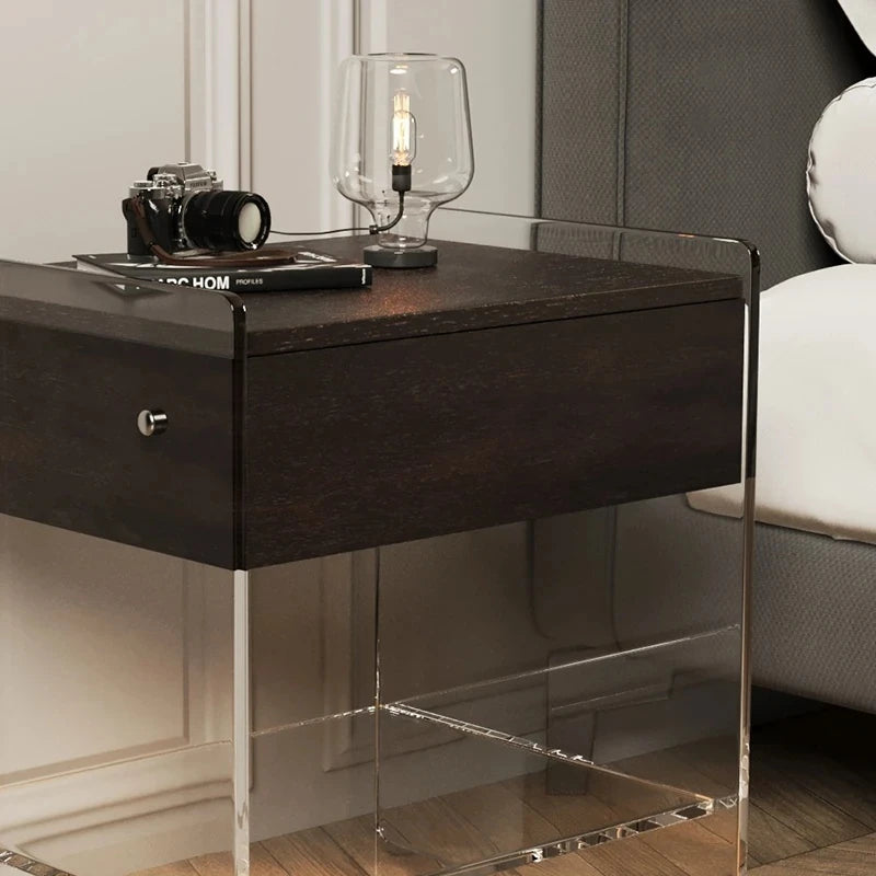 アクリル脚付き無垢木ナイトテーブル - モダンデザインで寝室をスタイリッシュに演出! hmsf-4676