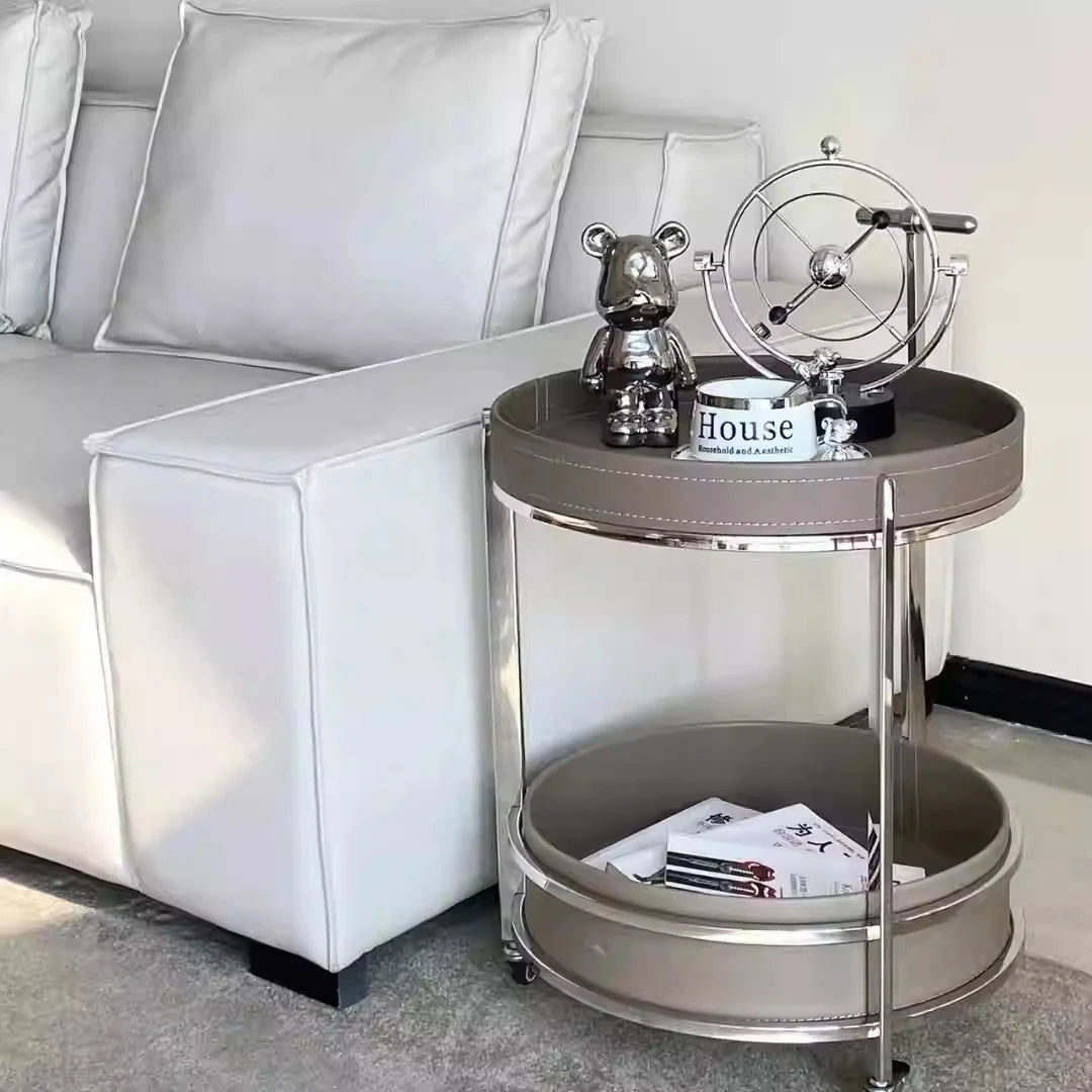 センターテーブル 合成皮革製 ステンレスフレーム おしゃれな二段式収納テーブル hmx-5093