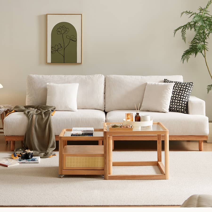 レッドオークとグースダウン使用の高級コーデュロイソファー – 快適でスタイリッシュなリビングに! hmyf-1277