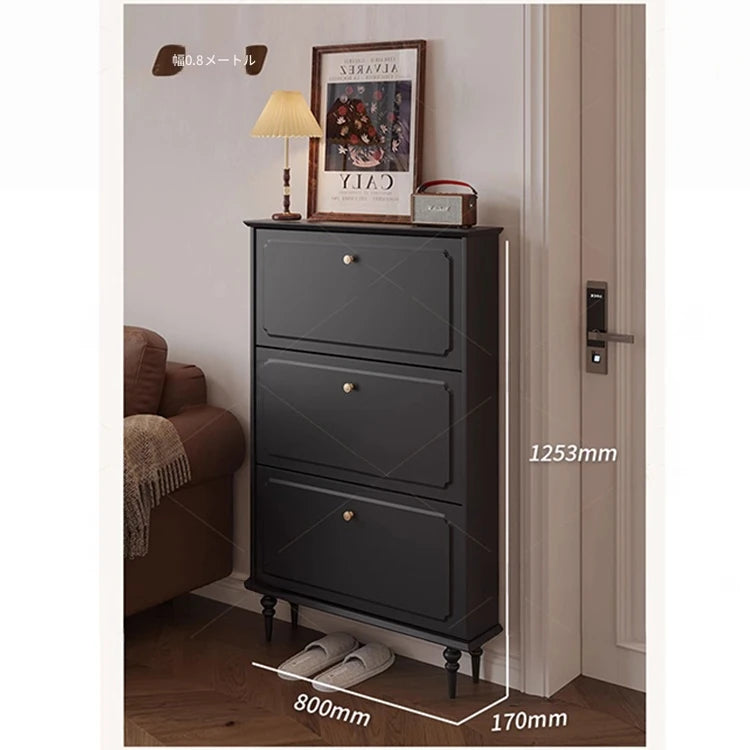 無垢材使用のシンプルモダンシューキャビネット|レトロスタイルで上質な黒色仕上げ|アメリカンミッドセンチュリーデザイン hmz-4943