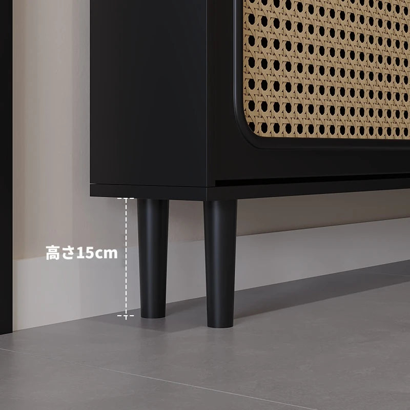 おしゃれなシューズキャビネット|収納力抜群のデザイン|玄関に最適なブラックとラタン風仕上げ hmz-4948