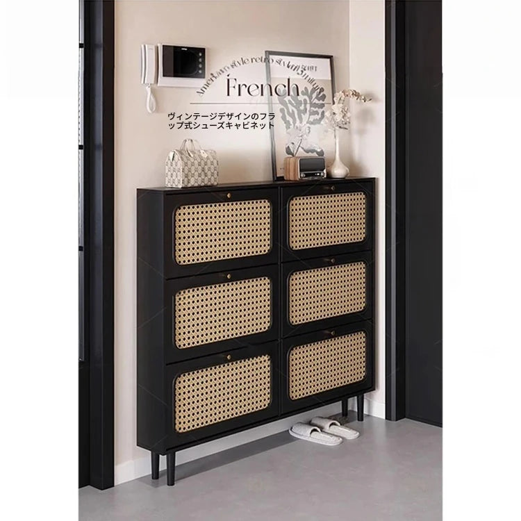 おしゃれなシューズキャビネット|収納力抜群のデザイン|玄関に最適なブラックとラタン風仕上げ hmz-4948