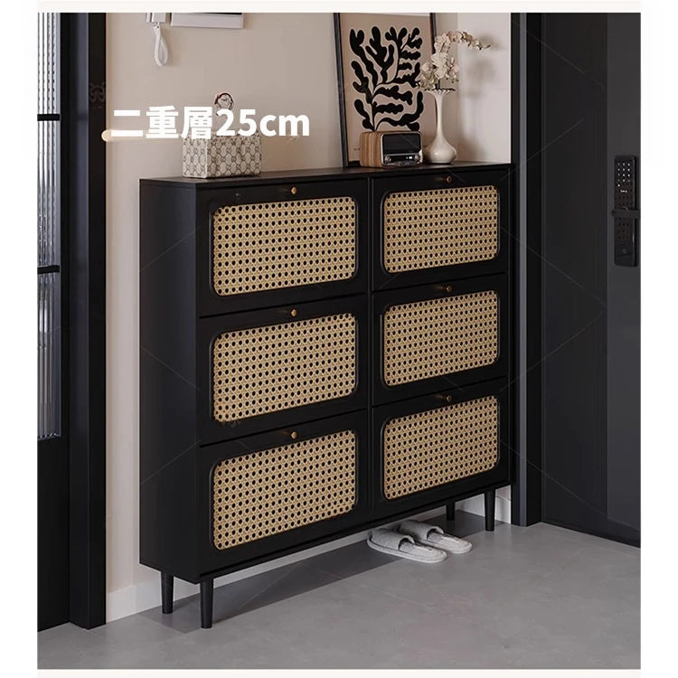 おしゃれなシューズキャビネット|収納力抜群のデザイン|玄関に最適なブラックとラタン風仕上げ hmz-4948