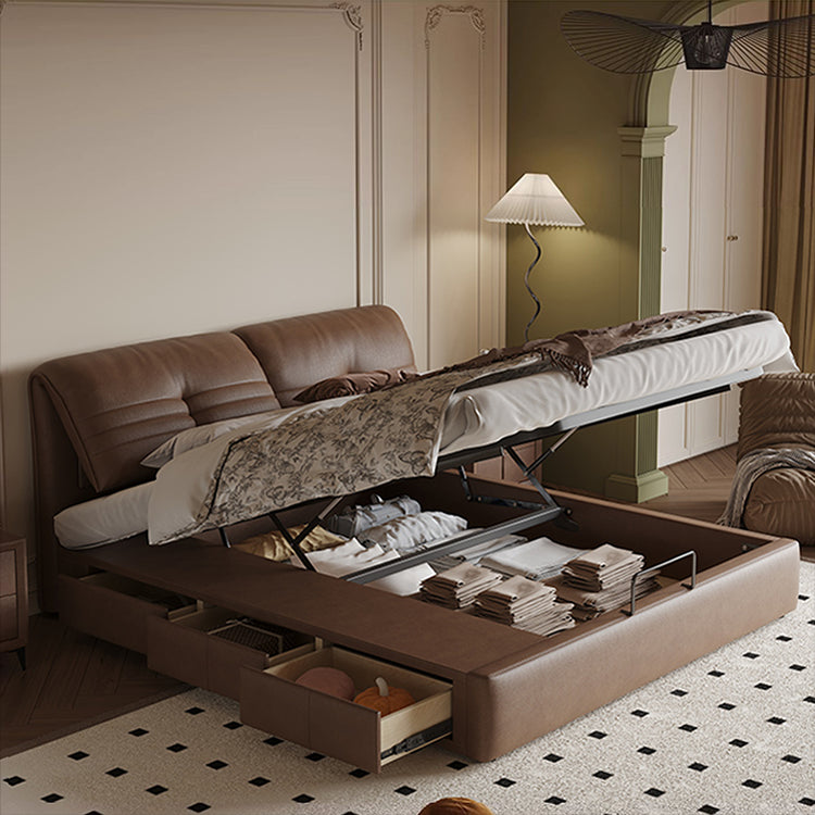 【ベッド】パイン材フレーム&ダウン+シリコンフィルクッション、豪華本革&合成皮革ファブリック、耐久多層板構造 hmzsh-1543