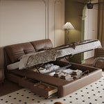 【ベッド】パイン材フレーム&ダウン+シリコンフィルクッション、豪華本革&合成皮革ファブリック、耐久多層板構造 hmzsh-1543