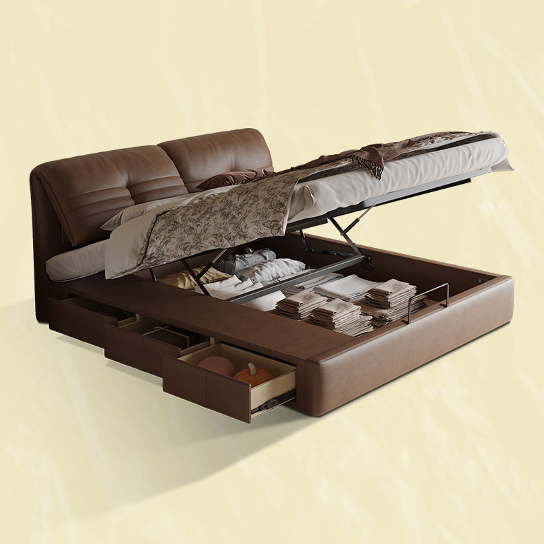 【ベッド】パイン材フレーム&ダウン+シリコンフィルクッション、豪華本革&合成皮革ファブリック、耐久多層板構造 hmzsh-1543