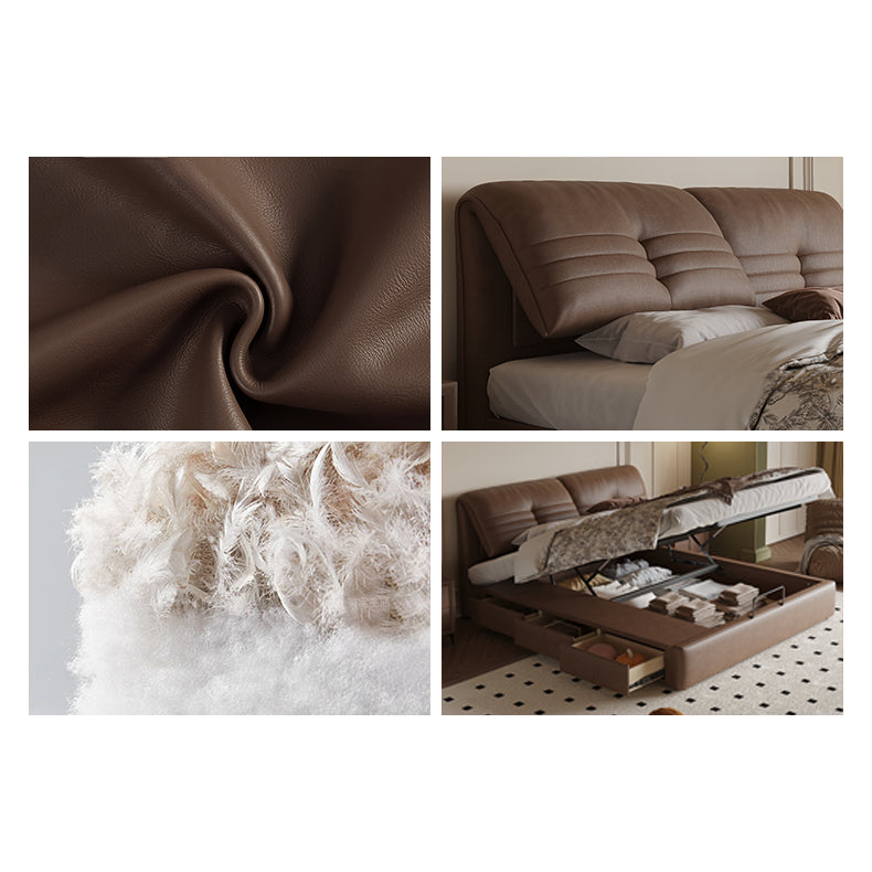 【ベッド】パイン材フレーム&ダウン+シリコンフィルクッション、豪華本革&合成皮革ファブリック、耐久多層板構造 hmzsh-1543