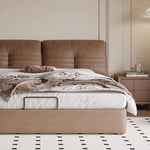 【ベッド】パイン材フレーム&ダウン+シリコンフィルクッション、豪華本革&合成皮革ファブリック、耐久多層板構造 hmzsh-1543