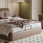 【ベッド】パイン材フレーム&ダウン+シリコンフィルクッション、豪華本革&合成皮革ファブリック、耐久多層板構造 hmzsh-1543