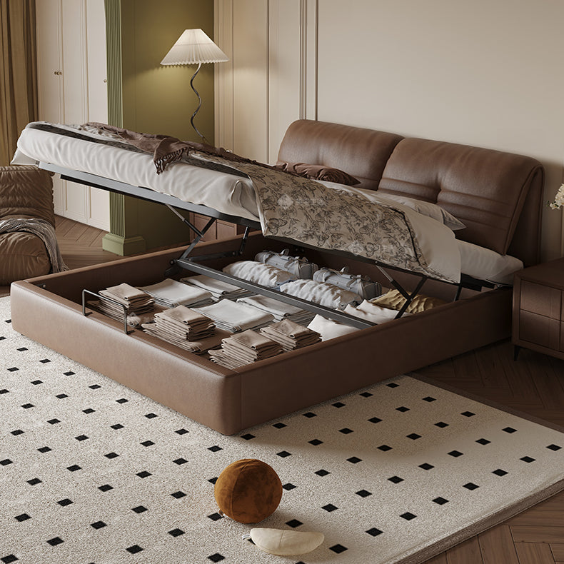 【ベッド】パイン材フレーム&ダウン+シリコンフィルクッション、豪華本革&合成皮革ファブリック、耐久多層板構造 hmzsh-1543