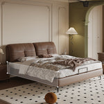 【ベッド】パイン材フレーム&ダウン+シリコンフィルクッション、豪華本革&合成皮革ファブリック、耐久多層板構造 hmzsh-1543