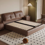 【ベッド】パイン材フレーム&ダウン+シリコンフィルクッション、豪華本革&合成皮革ファブリック、耐久多層板構造 hmzsh-1543